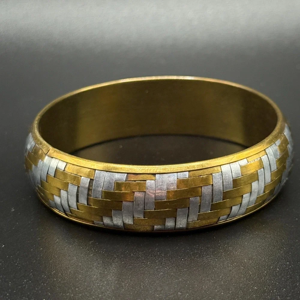 Vintage Woven Lattice Weave Two Tone Brass and Silver Tone Boho Bangle Bracelet